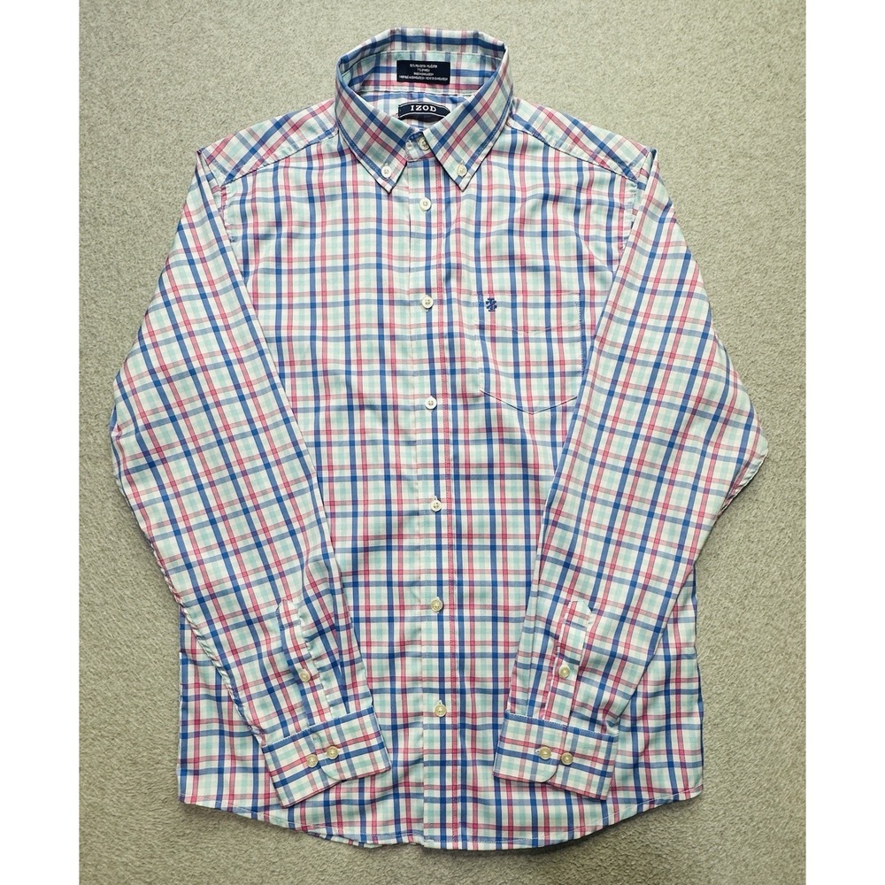 IZOD Shirt Boys Extra Large 18-20 Blue Green Plaid Performance Stretch Kid Youth